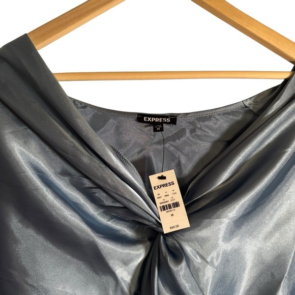 Express Satin Bell Sleeve Top Knot Front Blue Blouse Women's Size Medium NWT - Picture 3 of 5